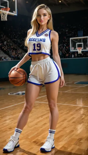 ultra HD, masterpiece, high resolution, best quality, detailed face, detailed skin, UHD 8K, extreme realism, maximum detail, Blonde woman, Paige Bueckers, long blonde hair, light skin, white basketball shorts, white basketball jersey, dribbling basketball, in basketball stadium, wood basketball court, white Dallas-inspired uniform with black and neon-lime accents, sleeveless white jersey with thin black piping around the collar and armholes, subtle lime-green trim, matching white shorts with bold asymmetrical black side panels, multiple narrow diagonal white stripes, and sharp neon-lime geometric accents at the hips. White crew socks and white basketball shoes. She is holding a Wilson-style WNBA basketball, white and bright orange alternating curved panels, thin dark seams backlighting, backlit, far side key light, sunlight coming through window, cinematic lighting, low contrast image, filmic look, film look, 35mm film look, light leaks