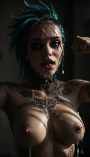 Emo punk, 21, (insanely sexy:1.5), elegant, slim, perfect breasts, very big bimbo lips, slim nose, big blue eyes, (aristocratic facial features), blue hair, very long eyelashes, oval face, thin eyebrows, (narrow face:1.3), strong makeup, (colourful body tattoos:1.5), (piercings:1.4), collar, (mascara tears:1.3), (ruined punk hairstyle:1.4), errected nipples, eye contact, (cheering:1.5), (hint of a smile:.4), (excessive cum on face:1.4), sunshine, shadows, detailxl, 1girl, emo, girl, sunlight_str1, <lora:2010s_Emo_Style_XL:2>, <lora:dark:.1>, <lora:detailer-xl:1.3>, <lora:sunlight_str1-SDXL_v1-dim64-steps1691:1.8>