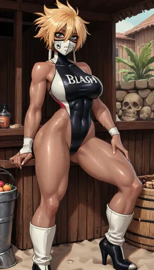 (innv meets jack cayless style), (reiq style, masterpiece, cel-shaded, limited color palette), ((Beautiful Muscles Sexy Tier Harribel from bleach anime body:1.4)), ((((Tier Harribel)))), (1girl, solo, alone, 21 year old woman), (dark olive skin:1.7), (golden blonde short hair:1.1), (gorgeous, seductive face, aqua green eyes, thick eyelashes, perfect ads, perfect big breast, muscles are well defined, muscles body, muscles arms, perfect hands, muscles legs, big ass, sweaty body), (hollow swimsuit costun:1.1), (hollow swimsuit thong costun:1.1), (bottom haft of face skull-hollow-mask:1.1), (hollow knee high heels boots), (sexy beach posing), (sauna, steam, summer, beach, tropical, flowers, plants, sauna background), no horns, ultraviolet light, LoL, Style, uberfit, muscular, athletic, ratatatat74, <lora:LCMTurboMix_Euler_A_fix:2>, <lora:mk_Bp Anime_xl:2>, <lora:uberfit_lora_sdxl:2>, <lora:ratatatat74-000050:2>, <lora:Ppolar-P3v1-NbVp10:2>