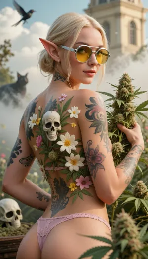 full body view, A double-exposure illustration in which a nude elven gardener is overlaid with cannabis, tattooed, wears silver metal sunglasses with extremely small circular yellow lenses, looking at the viewer, (detailed reflection in the lenses of flowering cannabis plants:1), silent smile, lingerie, view from back, she harvests perfect cannabis buds the background is blurred, the entire image is designed using technical parameters to create a warm, romantic atmosphere. Ganja, flowers, cannabis, marijuana, leaves, plants, resin, glands, nugs, edgFae, flower, fairy, style, wearing, sunlight_str1, vibrant, dream, pale, reality, elven, architecture, cloudy, smoke, atmospheric, clouds, fog, intricate detail, highly detailed, breathtaking, panoramic, cinematic, (3D, Framed, Woman), Cat, Skull, Flowers, Bird, Macabre