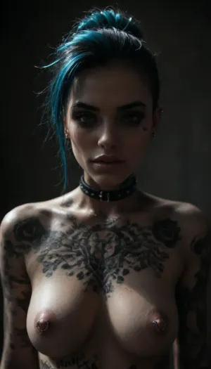 Emo punk, 21, (insanely sexy:1.5), elegant, slim, perfect breasts, very big bimbo lips, slim nose, big blue eyes, (aristocratic facial features), blue hair, very long eyelashes, oval face, thin eyebrows, (narrow face:1.3), strong makeup, (colourful body tattoos:1.5), (piercings:1.7), collar, (mascara tears:1.3), (ruined punk hairstyle:1.4), errected nipples, eye contact, (hint of a smile), (cheeky:1.5), (excessive cum in mouth:1), sunshine, shadows, detailxl, 1girl, emo, girl, <lora:Portrait_perfection:2>, <lora:2010s_Emo_Style_XL:2>, <lora:dark:.1>, <lora:detailer-xl:1.3>