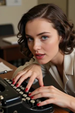 Plan rapproché du buste et des mains, focale 85mm f/1.8 pour un flou d'arrière-plan très doux, (bokeh), . Rendu photo argentique vintage 35mm sur le thème une journée de travail au bureau. Le grain prononcé de la pellicule Kodachrome 50, est bien visible, créant un bruit analogique bien perceptible surtout sur les zones les moins éclairées, renforçant l'effet argentique, et donnant l'illusion que c'est une photo prise dans les années 1950. L'action se déroule dans un bureau de l'administration française en 1950.

Une élégante jeune femme de 18 ans, au style rétro affirmé des années 50, avec les cheveux bouclés typiques de cette periode, cherchant à faire bonne impression. ses grands yeux bleus, parfaitement symétriques sont d'une incroyable candeur, et l'on comprend tout de suite qu'elle sort à peine de l'école de secrétariat. Son visage est fin, insouciant, elle n'a pas encore l'habitude de travailler. Elle porte une tenue de secrétaire typique des années 50.
Ses mains, aux doigts fins et aristocratiques, aux ongles manucurés, avec un vernis à ongle rouge, sont posées -à l'exception du pouce, sur les touches d'une machine à écrire mécanique Remington vintage noire, posée sur un bureau en teck. Chaque doigt est à sa place, de manière très précise, cherchant à respecter les consignes de ses cours de dactylographie, elle tape encore lentement à la machine. La photographe prend un soin particulier à détailler ses mains en plein travail, restituant la structure de ses phalanges avec un réalisme saisissant. Elle et concentrée et penchée sur sa machine, hésitant entre chaque lettre à taper. Son attitude hésitante trahit son inexpérience, mais aussi sa volonté de bien faire. Son visage exprime autant la timidité que l'ingénuité. Il est évident que c'est son premier jour de travail. Son maquillage est simple et peu recherché, elle n'a pas encore tous les usages du monde du travail.

La texture de sa peau est hyper-détaillée avec de légers reflets sous la lumière.

Éclairage chaud de fin d'après-midi filtrant à travers des stores vénitiens, créant des ombres douces et tamisées. Arrière-plan flou composé de bibliothèques ou d'armoires de bureau remplies de dossiers, typique d'un bureau des années 50, reconnaissables et identifiables malgré le bokeh.
