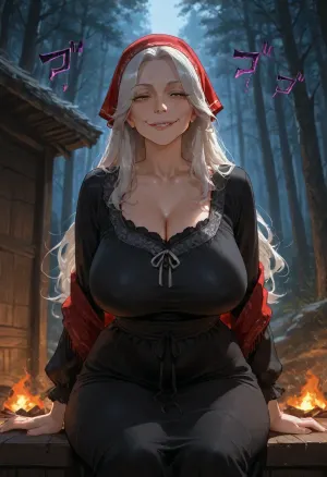masterpiece, best quality, absurdres, newest, highres, very aesthetic, 1girl, solo, mature female, elderly, old woman, baba yaga, russian folklore, slavic mythology, long messy grey hair, wild hair, white hair, long pointed nose, sharp chin, wrinkled face, deep wrinkles, iron teeth, thin lips, piercing eyes, yellow eyes, bony body, thin, emaciated, wrinkled skin, long fingers, claw-like nails, traditional russian clothing, ragged dress, dark dress, shawl, headscarf, sitting, looking at viewer, menacing expression, cunning smile, hut on chicken legs, forest, dark forest, wooden hut, detailed background, cinematic lighting, dramatic lighting, volumetric lighting, detailed face, intricate details, highly detailed