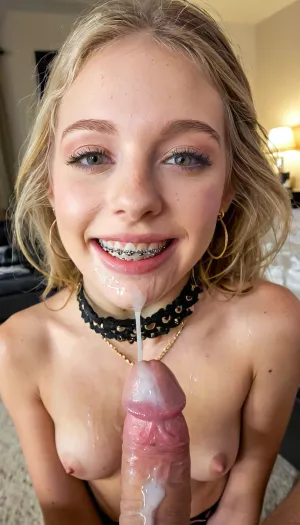 cum, cum shot, penis spraying cum, perky breasts covered in cum, neck covered in cum, mouth covered in cum, cutecore, woman with a cute wide smile with braces on her teeth, horny, slutty, hoop earrings, necklace, blowjob, bedroom, grabbing a big penis, sharp focus, dramatic, soft lighting, cute face, body freckles, full legs, photorealistic, natural light from window, naked, skin, exposed, vulnerable, onloading cum on her face, innocent, sexy, skinny girl, Object, gd, erection, sex, toy, penis, large, cum on tits, double cumshots, (projectile cum:1.5), (ejaculation:1.5), BREAK
18 year old sexy skinny blonde, (High, Resolution), (More, Details), (8K), detailxl, braces, teeth, wearing a choker, <lora:MJ52:.9>, <lora:SDXL_BetterFaces-LoRA_v1:.8>, <lora:braces-sdxl:1.8>