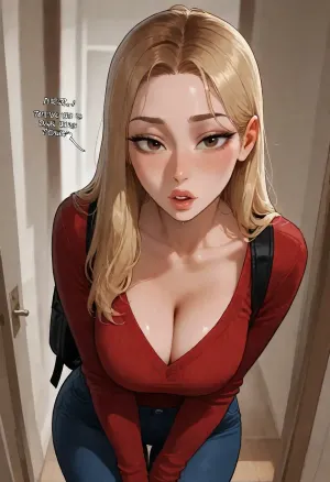 asian korean woman backpack over one shoulder leaning forward talking curious expression, blonde hair with roots brown, (hair roots dark), red sweater dark jeans, (sweater cleavage:.8), background college lounge watercolor, face detail korean instagram woman, dynamic angle, Incase style, ((jpn-girl)), <lora:Incase_Style__SDXL:2>, <lora:japanese_girl_v1.1:2>, <lora:Korean_Instagram_XL:2>