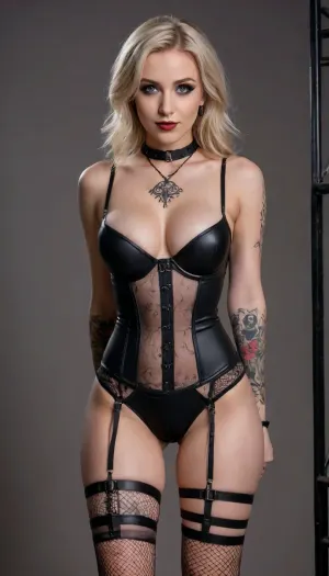 (Sexy Sweet Tempting Woman), Professional sexy seduction modelposes, supermodel, perfect lighting, ultra realistic, 8k resolution, ultra detailed, instagram model, professional photography, night, dim lighting, ((cosplay, Gothic style outfit)), luxurious ash blond hair, Blue eyes, Sexy lips, (Gothic makeup), Exquisite earrings, Exquisite necklace pendant, Exquisite jewelry, (restraint, chain bondage strap, corsets, short skirt), (Black garter belt, Fishnet stockings), (Sexy tattoo:1.4), pale skin, natural big round breasts, nordic, shy smile, flirty, bashful, seductive, lusty, playful, Healthy slim body, Tall, very long legs, hourglass figure, Sweet face, perfect face, lifelike face, real face, very beautiful face, detailed face