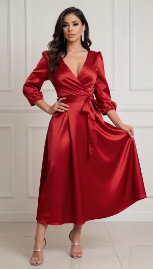 masterpiece, best quality, ultra-detailed, photorealistic, 27yo adult female, brunette, long wavy side-swept dark hair neatly
in place, warm latina skin tone, full glossy lips slightly parted, defined high cheekbones, arched brows, winged kohl eyeliner, deep-set
almond eyes with heavy-lidded calm seductive gaze, rectangular crystal
drop earrings, composed confident expression, clean skin with a light
healthy sheen, no mess, standing upright and elegant in a tidy studio, weight on one leg, one hand resting on her hip, the other holding the swish of her skirt, vivid red satin V-neck wrap dress fully intact and crisp, deep
plunging neckline, balloon 3/4 sleeves with gathered cuffs, tied
waist sash knotted neatly, full A-line midi skirt falling straight, silver strappy heeled sandals clean and aligned, bright clean studio, soft even key light, white paneled wall backdrop, glossy light floor with a soft reflection, full-body standing glamour angle, 85mm f/2.8, shallow depth of field, clean high-key cinematic grade, subtle film grain, 8k detail