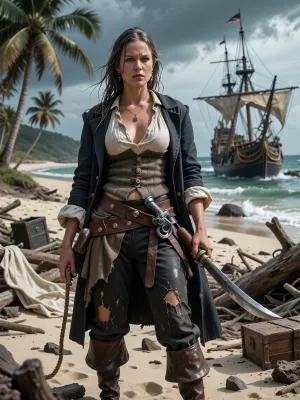 Photorealistic cinematic historical portrait of a Danish / Scandinavian female pirate captain from the Golden Age of Piracy, circa 1715–1725, stranded after her ship was wrecked, standing on a remote tropical Caribbean island in the aftermath of a storm.

She is a striking Scandinavian woman in her late twenties, with fair weathered skin, strong Nordic facial features, pale blue-grey eyes, and long ash-blonde hair, tangled, damp and windblown from the storm. She is attractive but rugged, believable and hardened by years at sea, not glamorous or polished. Her expression shows exhaustion, resolve and quiet defiance as she surveys the island and the wreckage of her lost ship.

She wears historically plausible practical clothing for an early-18th-century pirate captain, now damaged by the wreck, a soaked and torn linen shirt with an open collar, weathered wool waistcoat, battered dark captain’s coat or coat draped partly open, worn knee breeches, leather belt and sash, salt-stained leather boots, practical seafaring clothing with visible wear, mud, sand and seawater damage. Her outfit should still suggest she was the captain, but now it is torn, dirty and battered by storm and shipwreck. No corset, no dress, no fantasy armor, no theatrical costume.

A period-correct naval cutlass still hangs at her side, and perhaps an old flintlock pistol remains tucked into her sash, both weathered and wet from the wreck. She may be holding a piece of driftwood, rope, or resting one hand on the hilt of her cutlass.

The environment is a lush tropical Caribbean island, pale sand, scattered palm trees bent by the recent storm, broken driftwood, torn sailcloth, snapped spars, crates, and wreckage from her pirate ship scattered along the beach. In the distance offshore, the shattered remains of her wooden sailing ship can be seen smashed against rocks or half-submerged in the surf. Dark storm clouds are beginning to break apart, with dramatic shafts of sunlight emerging through the clouds and reflecting on the sea.

Low eye-level or slightly cinematic three-quarter composition, full-body or three-quarter body framing, the shipwrecked captain as the dominant subject in the foreground, wreckage and tropical scenery around her, wet sand, foam from the waves, realistic fabric, realistic anatomy, authentic historical details, dramatic but believable natural light, atmospheric depth.

Extremely realistic photography, cinematic historical drama, gritty maritime realism, detailed skin texture, damp hair, torn wet clothing, sea spray, storm aftermath, high detail, sharp focus on the captain, subtle film grain, no fantasy elements, no glamour pose, no modern styling.
