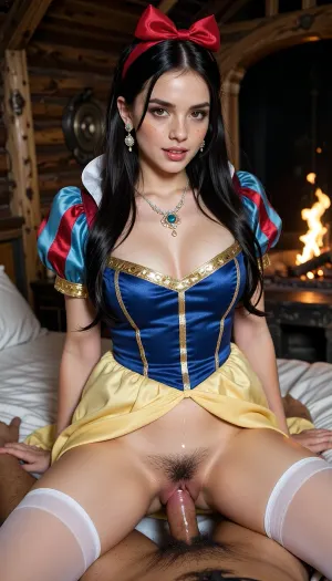 (Disney’s Snow White cosplay:1.5), very horny breathtaking 25 year alabaster skin girl, curvy body, perfect skinny body, smooth silky long hair round face, full lips, discrete makeup, jet black hair and fair skin, (Disney’s Snow White colourful outfit:1), expensive hairstyle, expensive earrings, beautiful necklace, Snow White face, light brown eyes, freckles, slim, white teeth, focus on detailed face, inside wood cabin, fire lights, dark, at night, ac_neg1, full, Snow White, bed, red bow in hair, white opaque stockings, fucked by muscular man, (penis), cum, (cum in hair), (cumshot), black pubic hair, (heart shaped pubic hair)