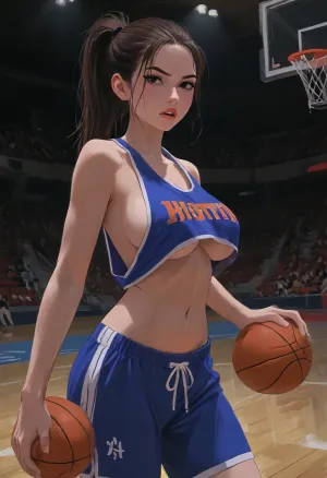 (side perspective), Sexy girl basketball player, on basketball court, angry, snarling, (hyper detailed), dribbling up court, pointing forward, side boob, midriff jersey, underboob, sideboob, toned abs, large saggy breasts, no bra, (SamDoesArts:.9), drawing, (J_cartoon:1.3), (incase:.5), <lora:SDXLSamDoesArts:.5>, <lora:mk_Bp Anime_xl:.2>, <lora:EnvyAnimeDigitalPaintingXL01:.1>, <lora:ratatatat74-000050:.1>, <lora:J_cartoon:.1>