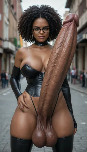 African, ebony, black, dark ebony skin, deep black skin, (dark skin:1.35), (ebony skin:1.4), enormous boobs, huge boobs, massive boobs, futa, futanari, shemale, (huge thick black cock:1.65), (giant dark penis:1.55), (very dark ebony cock:1.5), (large black testicles:1.35), veiny penis, erect penis, standing on the street, outdoor urban street, black latex, shiny black latex corset, black latex stockings, black latex gloves, partial latex, black framed glasses, naughty expression, greedy expression, seductive smirk