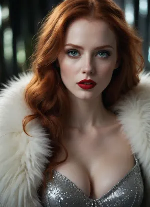 A beautiful woman with long redhead hair, green eyes, red lipstick and pale skin stands next to a white li.on with silver fur, very deep cleavage. Silver glitter adorns her face, in the style of fantasy art. The scene is captured with cinematic lighting and a sharp, high-resolution focus, creating a hyperrealistic, ultra-detailed fantasy image