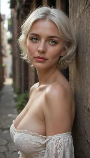 Portrait of a Old granny, Perfect old Face, Perfect old Eyes, short white hair, looking to viewer, soft green eyes, large breasts, alley behind