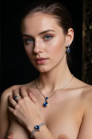 A cinematic, photorealistic advertising shoot for a luxury jewelry campaign. A beautiful elegant woman in her late twenties is shown in a refined close portrait against a dark background. Her clear blue eyes complimenting the color of the gems of the jewelry. Her hair is slicked back or styled cleanly to keep full attention on the jewelry. She is undressed, allowing a matching necklace, earrings, ring, and bracelet to stand out as the hero products.

The lighting is precise and luxurious, with soft highlights catching the sparkle and metallic surfaces of the jewelry while also sculpting her face and collarbones. The mood should feel high-end, exclusive, and polished, like an international luxury brand advertisement. The image should emphasize the craftsmanship and beauty of the jewelry while keeping the woman graceful and aspirational rather than overly posed. Realistic skin texture, realistic hands if visible, detailed gems and metal reflections, elegant posture, premium beauty lighting, dark studio atmosphere, cinematic luxury, high detail, no clutter, realistic and detailed face and eyes.