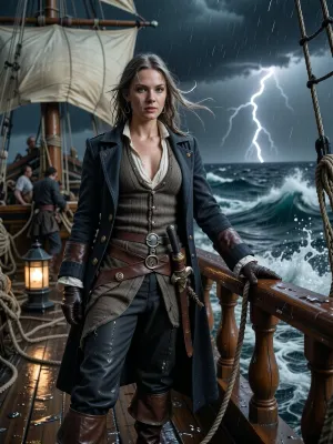 Photorealistic cinematic historical portrait of a Danish / Scandinavian female pirate captain during the Golden Age of Piracy, circa 1715–1725, standing firmly on the rain-soaked deck of her wooden sailing ship in the middle of a violent tropical storm in the Caribbean Sea.

She is a striking Scandinavian woman in her late twenties, fair weathered skin, strong Nordic facial features, pale blue-grey eyes, long ash-blonde hair soaked by rain and whipped wildly by the wind, a few loose strands plastered across her face. She is attractive but rugged and believable, hardened by years at sea rather than glamorous or polished. Her expression is calm, focused and commanding, staring toward the storm ahead with the confidence of an experienced sea captain.

She wears historically plausible practical clothing for an early-18th-century pirate captain, a fitted wool waistcoat, weathered dark wool captain's coat with simple brass buttons, sturdy knee breeches, leather belt and sash, worn leather sea boots, practical gloves, no shirt under her waistcoat, no corset, no dress, no theatrical fantasy armor. Her clothing is expensive enough to suggest that she is the captain but visibly worn, repaired, salt-stained and battered by life at sea.

A practical naval cutlass hangs from her belt. No weapons are being brandished unnecessarily. One hand grips a wet rope or wooden railing to steady herself as the ship rolls beneath her.

Around her, the ship is alive with the storm, towering wooden masts, soaked canvas sails reefed against the gale, rigging pulled taut by the wind, sailors struggling with ropes in the background, rainwater running across the planks, waves exploding against the hull and spraying over the deck. The ship heels dramatically beneath the force of the wind.

Beyond the railing, enormous dark Caribbean waves rise beneath a black storm sky. Lightning briefly illuminates distant storm clouds and the churning sea. Warm lantern light from the ship contrasts subtly with the cold storm light.

Low eye-level three-quarter composition, the captain dominant in the foreground, full or three-quarter body visible, dynamic wind and rain, realistic wet fabric and hair, authentic wooden ship construction, historically grounded details, natural human proportions, atmospheric depth, dramatic but physically believable lighting.

Extremely realistic photography, cinematic historical drama, gritty maritime realism, detailed skin texture, wet clothing, salt spray, rain droplets, realistic storm lighting, subtle film grain, high dynamic range, sharp focus on the captain, background slightly softened by rain and sea spray, no fantasy elements, no glamour photography, no modern styling.