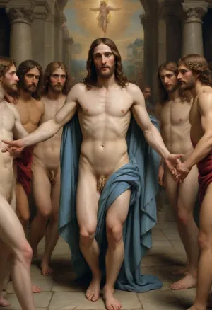 Renaissance paintings of the appearance of Christ to the people in a new way from AI, full-length and all naked