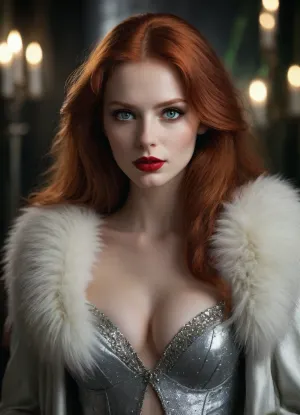 A beautiful woman with long redhead hair, green eyes, red lipstick and pale skin stands next to a white li.on with silver fur, very deep cleavage. Silver glitter adorns her face, in the style of fantasy art. The scene is captured with cinematic lighting and a sharp, high-resolution focus, creating a hyperrealistic, ultra-detailed fantasy image