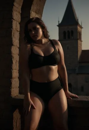 A chubby plus-size sweating and sweaty woman with a full curvy figure, large bust and soft midsection, wearing a black sports bra and shorts. Bent forward with hands on her thighs.  Historic stone building with a bell tower and arched windows in the background, red-tiled city rooftops, golden hour lighting. Medieval setting. Photorealistic. intimate style, photorealistic, cinematic, detailxl, <lora:dark:.8>, <lora:FD_XL_ENF:.8>