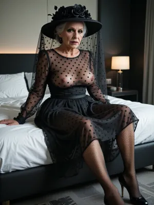 (((safe content:1.9))), sitting in an elegant modern minimalist hotel bedroom, insanely detailed, fully furnitured, (((nice kind beautiful extremely elder extremely aged ancient 200 year old grandma:1.9))), dark-brown tanned skin, ((incomprehensibly busty:1.9)), Precisely detailed realistic wrinkled skin, (chubby), light glossy mahogany lipstick, fancy black makeup, (full body covering ultra-simple knee-length ultra-minimalist round-neckline mouring majestic royal all-over sheer dress with matching long sleeves), (fully sheer polka-dotted dress), (elegant luxury wide-brim dress-matching floral hat with matching veil is covering her face), (((dimlight shines through the full-sheer transcluent dress:1.9))), (chiaroscuro dramatic lighting:1.4), matching tight-high fishnet stockings, matching high heels, eye-contact, 8K, greatly improved quality, insane resolution, ultra-sharp, antialiasing, image sharpening, shy, introvert, close-up