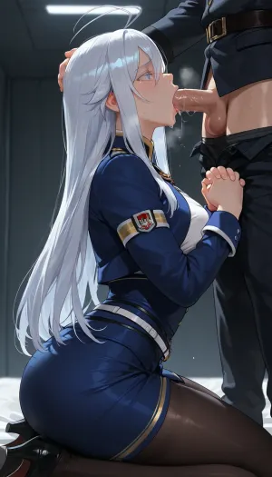 (masterpiece, best quality, highres, photorealistic anime style), Vladilena Millize from 86 EIGHTY-SIX, long silver hair, blue eyes, slender build, kneeling in a sterile military office, wearing her pristine Hegemony uniform, she is giving a formal, dutiful blowjob to a high-ranking officer, her hands are clasped behind her back, her expression is one of disciplined submission, tears welling in her eyes, cold, fluorescent lighting, explicit, nsfw.