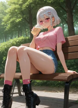 beautiful asian girl, adult, sitting on bench, outdoor, drinking milk-tea, transparent-black beautiful glasses, white short hair with braids, Tucked-in French braids haircut, big hair clip, claw-hair-clip, medium breasts, perfect body, skinny legs, perfect small ass, retro Denim Shorts, very bright Light Wash shorts, ripped shorts, short-length shorts, High-rise shorts, crop-top plain-light-pink t-shirt, light-pink t-shirt, relaxed-fit t-shirt, oversized crop-top t-shirt, black very-long lace-up boots, pink socks