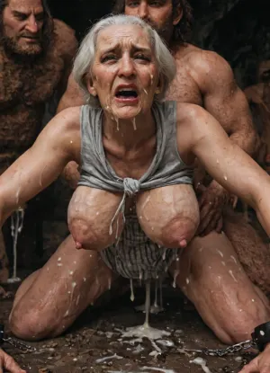Wrinkled granny with big saggy breast, large fat thighs, and a large fat ass, is wearing eye glasses, a sleeveless dress. Giant caveman with a long monstrous penis, is naked. Wrinkled granny looks extremely scared and worried. They are in a dark cave. The cave man gets the wrinkled granny to give him restrained style vaginal sex., ((wrinkled granny)), ((giant caveman)), ((doggy style)), ((restrained style sex)), ((cum)), ((restrained)), ((big saggy breast)), ((sleeveless dress)), ((bukkake)), agony, anguish, anxiety, depression, despair, grief, pain, sadness, stress, suffering, longnips, <lora:Lamentations-000016:2>, <lora:longnipsxl:2>