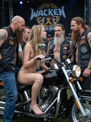 A delicate blonde girl, with long, straight hair and a very skinny figure, she is wearing a modest swimsuit, she sits on a very fuge motorbike, she is talking to several typical bikers beside their large motorcycles, the bikers are looking at her, smiling, long beards, vests, tattooed, at famous Wacken Festival, heavy metal music, stage with logo in background