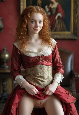 a Renaissance oil painting on canvas in the style of Leonardo da Vinci, the year 1495, perfect sharpness, portrait clearness, full depth of field, a young 18yo woman, sitting comfortably reclined in an big armchair, one leg lifted, heel in the seat of chair, arms around the bent knee, the dress bunched up around the waist, (Dutch irregular face:1), (shortstack:.8), gray eyes, squinting eyes, perfect eyes, no makeup, long curly ginger hair, (dressed in 1490s crimson fashion:1.6), (lifting her skirt:1.7), blushing face, smiling, (shyly showing pussy for the camera:1.8), legs apart, ginger hairy pussy, swollen vulva, looking very shy, no felines in frame, (wearing some clothes:1.5), perfect hands, naked groin, skirt, lift, <lora:Real_People-SDXL:1.6>, <lora:skirtLift:1.9>, <lora:MJ52:1.1>, <lora:detailed_notrigger:1.9>
