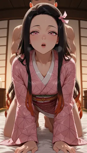 (masterpiece, best quality, highres, photorealistic anime style), Kamado Nezuko from Demon Slayer, long black hair, pink eyes, petite build, on all fours on a futon, wearing a tattered pink kimono, a man is taking her anally from behind, his hands gripping her small hips, her face is pressed into the futon to muffle her sounds, her body trembles with each thrust, a mix of pain and submission in her posture, candlelight, explicit, nsfw.
