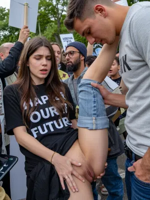 Protest march for climate protection, (three fridays for future activist female from iran), ((climate activists)), (men checking her vagina), embrassed