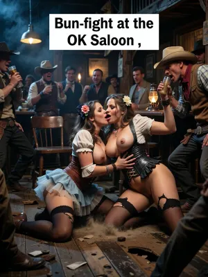 Hyperrealistic Action at a Wild West saloon, cowboys in cowboy hats drinking, watching two fat saloon girl whores fight on the dirty wooden floor of the saloon. Both trying to constrain the other in a tight hold, on the floor, ripping each others clothes off, low cut saloon girl costumes, flowers in their hair, cuddling, hyper-sexualized blouse and corset costumes, layered petticoats, and tightly laced corsets, Petticoats lifting, no underwear, ripped stockings, bodice ripping, cat fight, big bare boobs, hairy pussies, dust flying, broken chairs, tit grabbing, night time, oil lamps burning . Many men laughing and cheering the girls on, smoky atmosphere, chiaroscuro, dark cinematic lighting.
White text box “Bun-fight at the OK Saloon .”