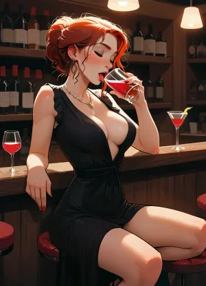 score_9, score_8, 1girl, breasts, dress, cup, black_hair, solo, side_slit, drinking_glass, jewelry, cleavage, closed_eyes, large_breasts, open_mouth, earrings, bar_, (place), ((cunnilingus)), girl with red hair is going down on her, alcohol, black_dress, holding, bottle, smile, stool, bar_stool, plunging_neckline, holding_cup, wine_glass, long_hair, thighs, freckles, black_nails, cocktail_dress, indoors, makeup, necklace, incase, style, samdoesart, cunnilingus, 2girls, girl, licking, pussy, <lora:samdoesart_style_xl_v1:.5>, <lora:Animated_Concept:.5>, <lora:outline_xl_kohaku_delta_spv5x:.7>, <lora:Cunnilingus XL:1.5>