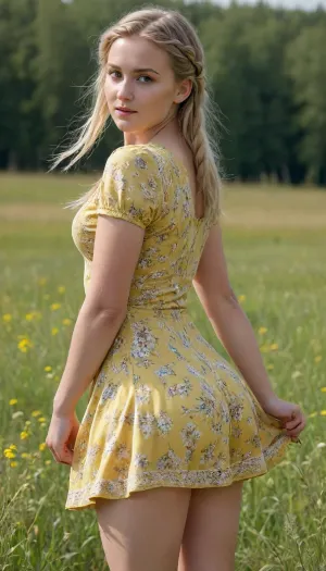 A beautiful young full-figured Ukrainian braided blonde-hair girl with a round butt and big tits in a short yellow summer dress with floral pattern stands in a meadow, the wind lifts her skirt and reveals her naked hairy pussy, front view, full body view