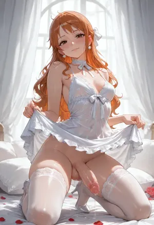 4k resolution, high definition, highly detailed, best possible quality, femboy, Nami from One Piece, solo, tiny, petite, medium round breasts, pokies, tiny cute erect cock and balls, (cum dripping from penis), no panties, (crossdressing, feminine boy, beautiful, delicate, doll-like, flawless makeup, soft pink blush, glossy lips, long eyelashes, long smooth hair, hair ribbons, wearing elegant white lace babydoll dress, sheer fabric, ruffled hem, matching white lace thigh-high stockings, white satin ribbon choker, pearl earrings, delicate high heels, kneeling on silk pillows, thighs spread, lifting her skirt, head tilted back, eyes half-lidded, soft smile, soft moan, blushing deeply, submissive, waiting, eager, soft morning light through sheer curtains, boudoir setting, rose petals scattered, (masterpiece, best quality, ultra-detailed, highres, finely detailed, sharp focus:1.2))