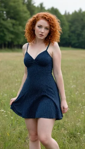 A beautiful young full-figured red-curly-hair girl with a round butt and big tits in a short dark blue summer dress with white dots stands in a meadow, the wind lifts her skirt and reveals her naked hairy pussy, front view, full body view