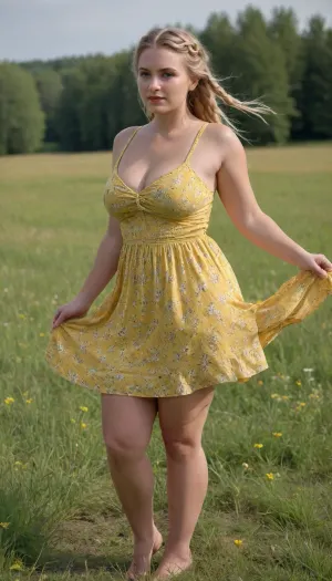 A beautiful young full-figured Ukrainian braided blonde-hair girl with a round butt and big tits in a short yellow summer dress with floral pattern stands in a meadow, the wind lifts her skirt and reveals her naked hairy pussy, front view, full body view