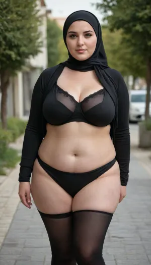 Full-body shot of an overweight plus-size Turkish woman with a headscarf, realistic Black Sea region style. She is heavy-set with broad hips and a generous bust, looking visibly warm and sweaty. Wearing fitted black dress pants that clearly show panty lines beneath the fabric. Candid style, detailed clothing texture, sweat details, photorealistic lighting.
