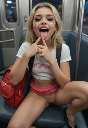 In an almost empty, realistically depicted New York dark subway car, (full deep drunk sleeping on her backpack, young Russian cute bimbo blonde girl), (clothed eyes), half-open mouth, small tongue out, perfect 5 fingers, red nails, (both hands fingers wide spreading mouth, visible teeth:1.3), (ruined vulgar makeup:1.3), (28yo), asleep on all fours on a seat, hand behind head, her legs spread, she is wearing a short black leather miniskirt, black high heels, and a tight-fitting white lace crop top, She has been dancing all night, her body is sweaty, her hair is matted, and her clothes are somewhat disheveled, homeless girl, perfect pussy, <lora:detailed_notrigger:2>