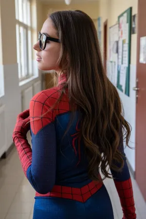 a french brunette girl with long hair, Dressed in a Spider-Girl outfit and wearing black glasses, She is walking down the hallway of her school.back view