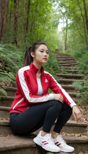 A slender, alluring 20-year-old Chinese woman with a ponytail sits on the steps of a wooded hillside path, facing the camera. She has fair skin and is wearing a rose-red zip-up outdoor jacket—zipped only halfway to reveal a low-cut white round-neck top and her cleavage—along with tight black athletic leggings and white sneakers. She has full, prominent breasts. She is wearing no makeup, has dark eyes, and holds her hands up behind her head.
