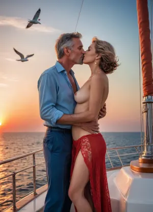 A mature couple, (half-naked), stands on a yacht on the open sea, embracing and kissing, blue sky, seagulls, red sunset