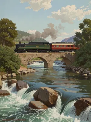 Classic oil painting style, Norman Percevel Rockwell, The train is moving, the river is flowing, the scenery is picturesque