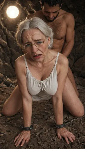 Wrinkled granny with big saggy breast, large fat thighs, and a large fat ass, is wearing eye glasses, a sun-dress. Giant caveman with a long monstrous penis, is naked. Wrinkled granny looks extremely scared and worried. They are in a dark cave. The cave man gets the wrinkled granny to give him restrained style vaginal sex., ((wrinkled granny)), ((giant caveman)), ((doggy style)), ((restrained style sex)), ((restrained)), ((big saggy breast)), ((sun-dress)), agony, anguish, anxiety, depression, despair, grief, pain, sadness, stress, suffering, longnips, <lora:Lamentations-000016:2>, <lora:longnipsxl:2>, <lora:Uncut_Penis:2>