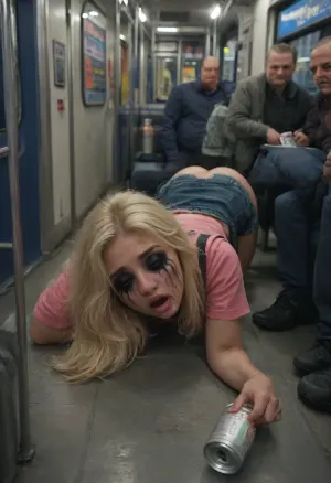 In an almost empty, realistically depicted New York dark subway car, (full deep drunk sleeping on her backpack, young Russian cute bimbo blonde girl), (clothed eyes), open mouth, many empty beer cans near, (ruined vulgar makeup:1.3), (18yo), asleep on all fours on a seat, hand behind head, her legs spread, she is wearing a short black leather miniskirt, black high heels, and a tight-fitting white lace crop top, She has been dancing all night, her body is sweaty, her hair is matted, and her clothes are somewhat disheveled, homeless girl, perfect pussy