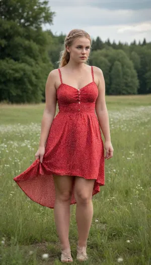 A beautiful young full-figured Swedish braided blonde-hair girl with a round butt and big tits in a short red summer dress with white dots stands in a meadow, the wind lifts her skirt and reveals her naked hairy pussy, front view, full body view