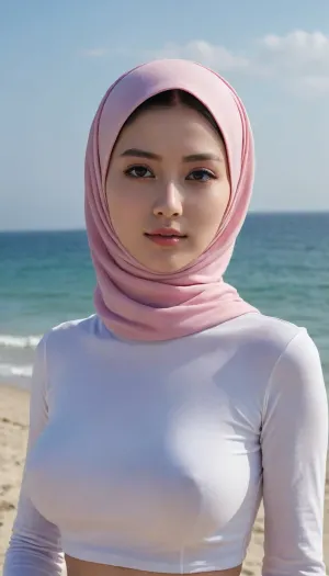HD footage, masterpiece, 3 hiijab girls wearing soft shirt, Divya Muslimah, undercap covering forehead, turtleneck, long sleeves, long skirt, soft pink, tight breasts shape, extremely detailed face, happy, strong front shadow, beach, clear blue sky, selfie, closeup, hentai anime style, Alena Aenami style, background art by chen zhen