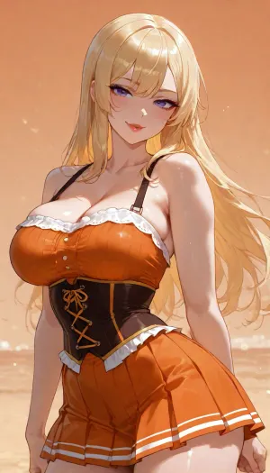 1 woman, (((Aya Brea cute adorable orange sundress corset with pleated hem))), very short hem butt cheeks from the front 25 years old cutie in the beach on a very hot summer day, muscular toned athlete girlfriend, mischievous smirk, intense girlfriend with perfect makeup, dark eye shadow, eyeliner, red lipstick, abstract plain background