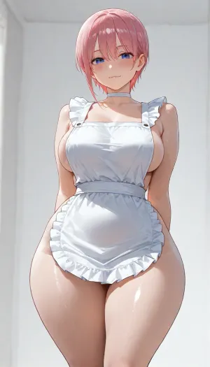 Sole girl, go-toubun_no_hanayome, nakano_ichika, young mature female, naked, 20 years old, beautiful slim body, medium natural breasts, (slender, wide hips, thick thighs:1.3), portrait, short pink hair, beautiful eyes, looking at viewer, white choker, soft smile, flushed cheeks, blushing, (standing, white background:1.3), detailed shadows, sexy pose, hands behind her back, (naked, wearing only a white apron, pokies:1.3), view from below