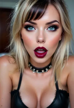 25 years old emo goth influencer, extreme pale white skin, dark makeup, dark maroon gloss lipstick, heavy eyeshadow, thick eyeliner, slave collar choker, view from below. She is leaning in close to seduce you with her cleavage, she wants to fuck, super sexy leaning down to whisper to you to follow her to fuck, cleavage, ((black hair with blonde streaks, bangs)), sensual eyes, close up, (open mouth, excited, orgasm, anticipation), <lora:attractive_notrigger:2>, <lora:BUT_SDXL_SHS:1.5>, <lora:Vivid Midjourney mimic - XL SDXL v2.0:1.9>