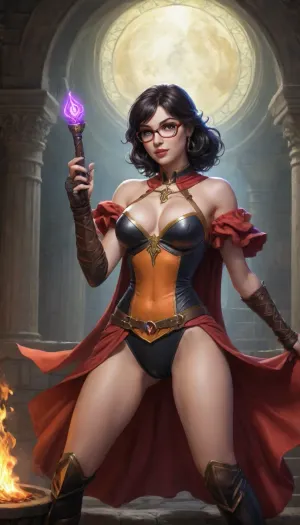 Voici un concept complet d'illustration de couverture, conçu dans un style Comic-Book / D&D classique, (encrage fort au cerne noir, trames de points Ben-Day, aplats de couleurs saturées et ombrages dynamiques), .

Description Détaillée de l'Illustration
Composition & Mouvement, (Plan d'ensemble dynamique), Au centre, (Focal point), Velma Dinkley, réinventée en jeune érudite/magicienne D&D. Elle porte ses lunettes emblématiques, (légèrement réfléchissantes), un chandail orange ajusté sous une plastron de cuir gravé de runes, et une longue cape fluide. D'un air à la fois concentré eticieux, elle tient un grand grimoire ouvert d'où s'échappent des boules d'énergie magique dorée.
Premier plan, (Pied de page), Une table de taverne en chêne massif vue en plongée interactive. On y voit une chope d'hydromel qui se renverse, quelques pépites d'or qui sautent sous l'impact, et une carte au trésor écornée.
Second plan, (Gauche & Droite), À gauche, un Nain guerrier à la barbe tressée, l'air furieux, prêt à en découdre dans une bagarre de taverne.
À droite, un Elfe archer bondit depuis le comptoir en arrière-plan, arc tendu, créant une ligne de force diagonale très "comics".
Arrière-plan, L'intérieur chaleureux de la taverne aux poutres sombres, baigné par la lumière d'un lustre en roue de charrette. L'arrière-plan bascule vers un fond violet/pourpre profond qui fait ressortir la silhouette des personnages.
Palette de Couleurs

Orange brûlé et jaune moutarde, (clin d'œil à l'héroïne), violet magique profond, marron cuir, et accents d'or éclatant.
Structure & Textes de la Couverture, (Format 16x24 cm), Bandeau Supérieur, (Style Comics Vintage, En-tête), Bordure, Ligne noire épaisse avec effet d'usure "pulp" sur les coins.
Cartouche du haut, Livret de scenarios solos et cooperatifs
Accroche en bulle, (Haut-gauche), « La Chope d’Or n’attend que toi ! »
Titre Principal, (Centre-Haut, Typo Fantasy Comic avec relief Jaune/Rouge)